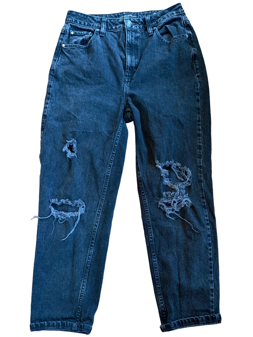 GUESS Mineral Wash Black Distressed Mom Jeans W28β Ankle 25β Inseam